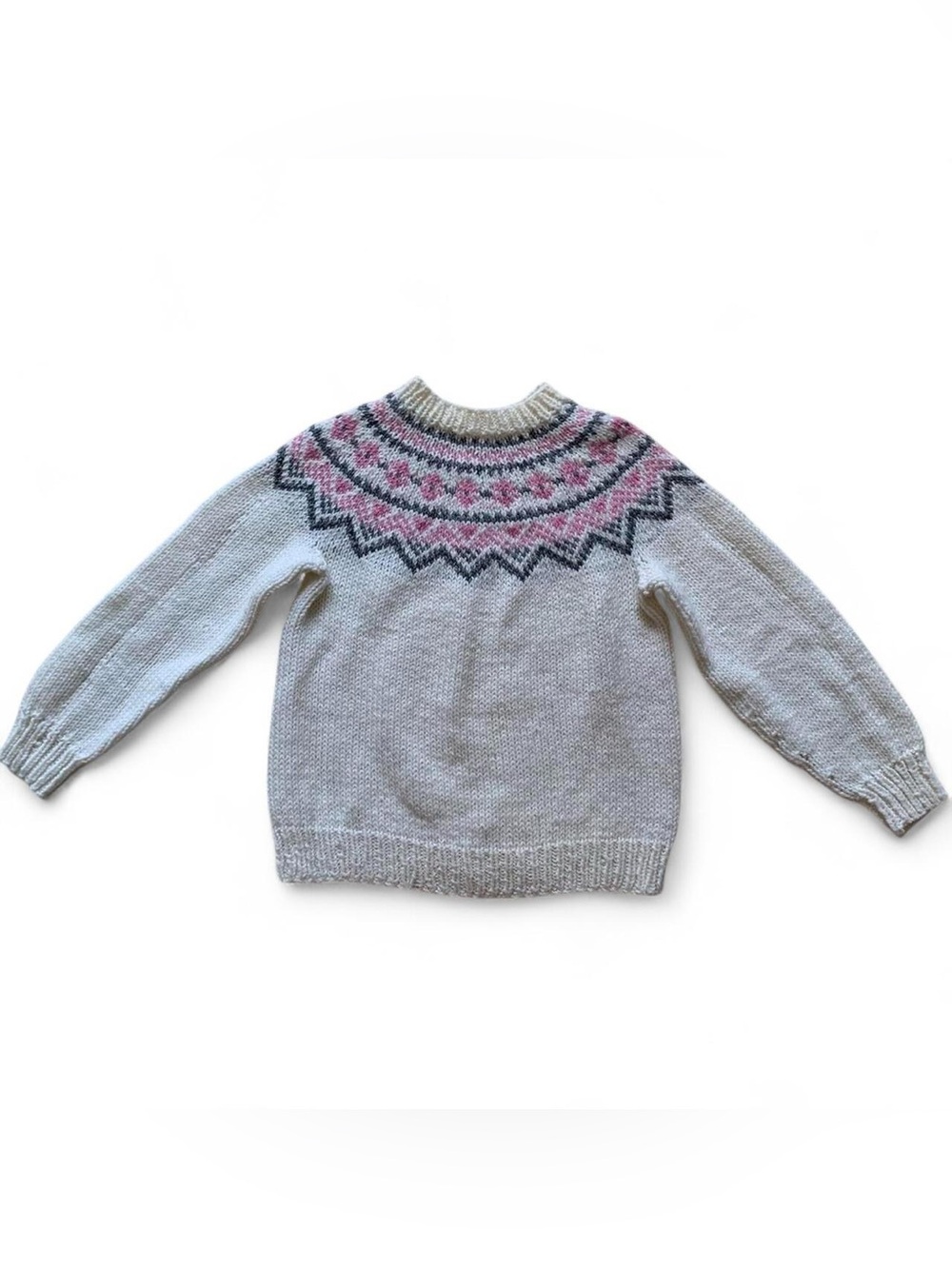 Vintage Handmade White Cozy Pink & Grey Pattern Chunky Knitted Sweater